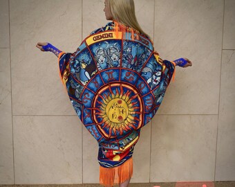 Astrology Wheel Bat Wing Duster, Star Sign Festival Sun Moon Kimono, Oracle Zodiac Witch Celestial Wrap, Flowing Fringe Fortune Teller Robe