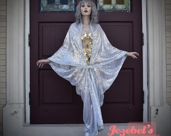 Sequin Kimono Deco Luxe Gown, Cocoon Dressing Robe 1920s Burlesque Flowing Glam NYE, New Years Oracle Gatsby Flapper Dance Goddess Queen