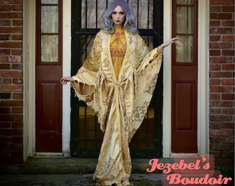 Golden Brocade Bat Wing Dressing Gown, Goddess Drag Queen Regal Beaded Fringe Haute Robe, Burlesque Kimono, Oracle Majestic Fortune Teller