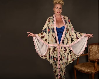Nouveau Moth Bat Wing Cocoon Robe, Gown Velvet Burlesque Dramatic Sultry Poiret Goddess Ornate Pearl Beaded Fringe Graceful Kimono Cocoon