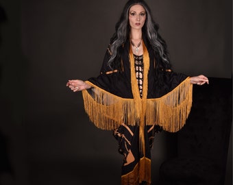 Hecate Witch Goddess Kimono, Flowing Fringe Duster, Moon Fortune Teller Tarot Oracle Bat Wing Burning Man Dressing Gown, Hekate WGT Festival