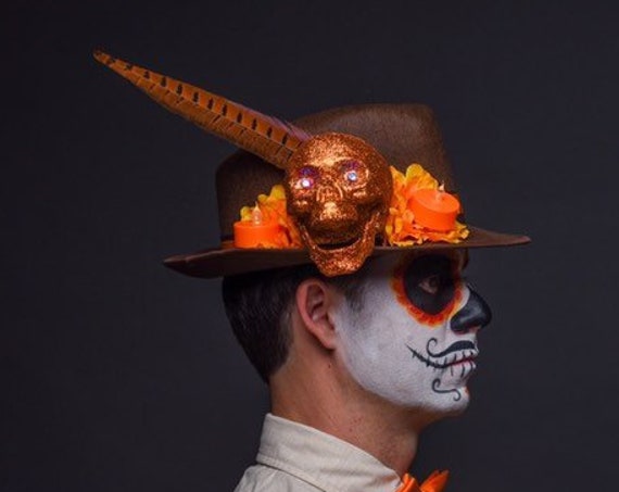 Brown Orange Fedora Skull Dia de los Muertos Cempazuchitl Feather Skull Day of the Dead Hat Mens Light Up Cempasuchil Costume Halloween