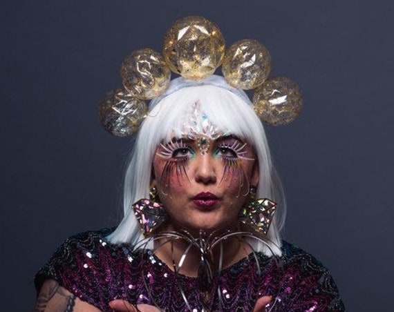 Light Up Globes Bubbles NYE Futurist Headdress Orbs Balls Fortune Teller Sorcerer Crown Space Alien Headpiece Rave Queen Theater Costume
