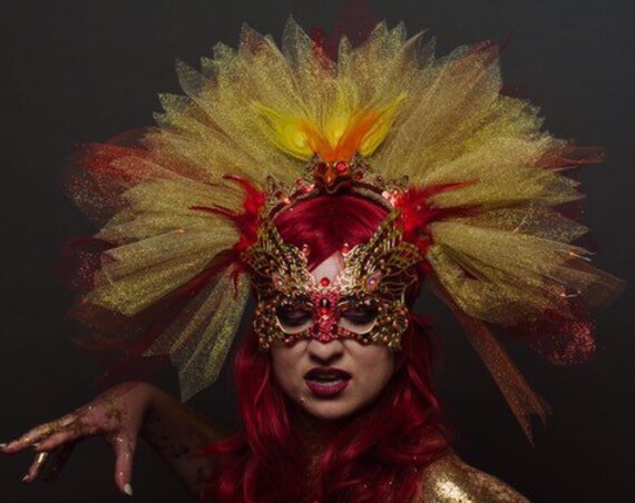 Phoenix Fire Bird Headdress Flame Light Up Costume Headpiece Burning Rave Drag Queen Skull Gold Red Fantasy Crown Mask Festival Caribbean