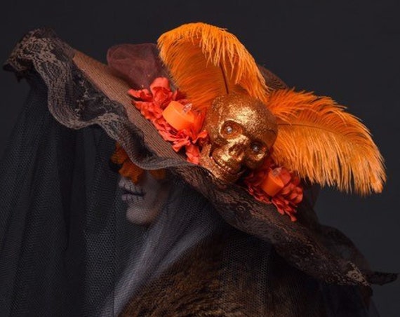 Catrina Day of the Dead Dia de los Muertos Floppy Hat Brown Skull Cempazuchitl Marigold Veil Orange Flower Candle Light Up Costume Halloween