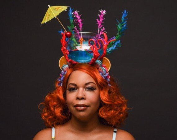 Tropical Tiki Fish Bowl Headdress Luau Summer Party Oasis Cocktail Headpiece Caribbean Hawaiian Fruit Mermaid Umbrella Swizzle Stick Stirrer