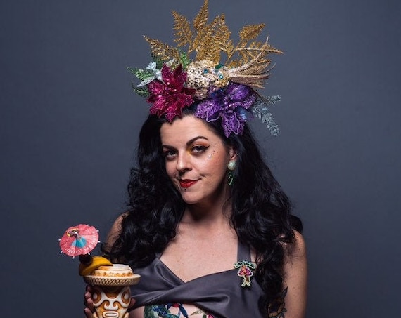 Glitter Tiki Pineapple Flower Fascinator Tropical Pin Up Floral Fruit Headpiece Garden Burlesque Oasis Pink Gold Purple Silver Hummingbird