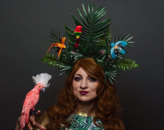 Palm Frond Tiki Jungle Tropical Bird Headdress Parrot Hawaiian Caribbean Leaves Wild Rain Forest Oasis Headpiece Luau Party Costume Headwear