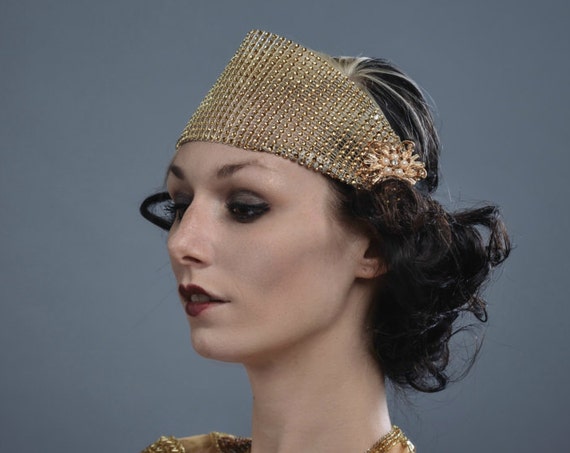 1920s Gold Gatsby Flapper Headband Circus Burlesque Exotic Showman Goddess Costume Showgirl Costume Fascinator Nouveau Headpiece Headdress