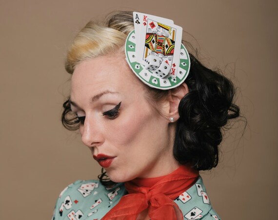Lady Luck Casino Fascinator Cards Dice Chip Burlesque Funny Gambling Dice Black Jack Headpiece Pin Up Snake Eyes Die Green Headdress