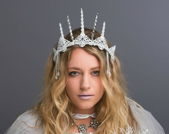 Ice Witch Frozen Snow Ethereal Crown White Circlet Winter Headdress Frozen Costume Party Headpiece Icicle Tiara Renaissance Snow Queen