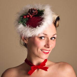 Santa Baby Christmas Sweater Fascinator Ugly Tacky Hat, Barbie Mrs. Claus Dapper Day Hand Made Holly Pine Cone Burlesque Costume Headpiece