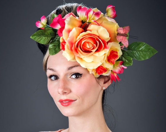 Large Yellow Hair Flower Carnevale Easter Hat Rose Fascinator Pink Floral Festival Headpiece Coral Headdress Tea Party Orange Summer Spring