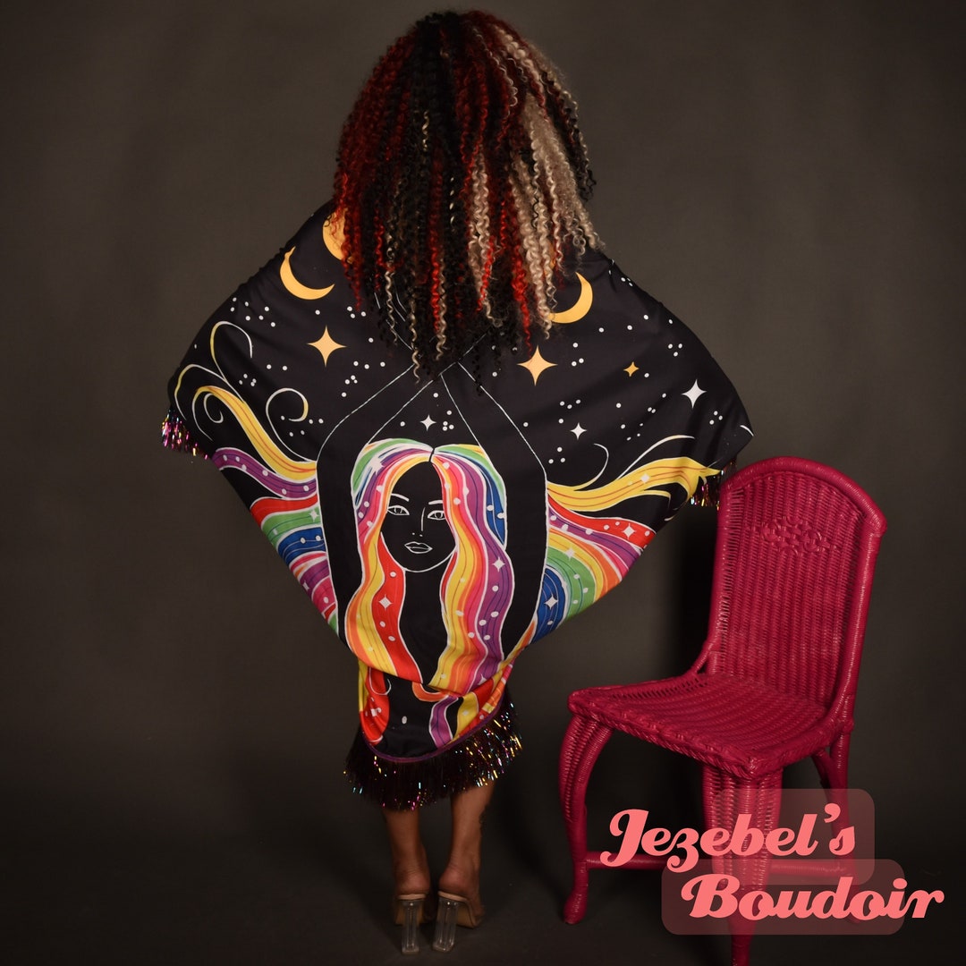 Rainbow Goddess Duster, Moon Phases Bat Wing Celestial Wrap, Trippy