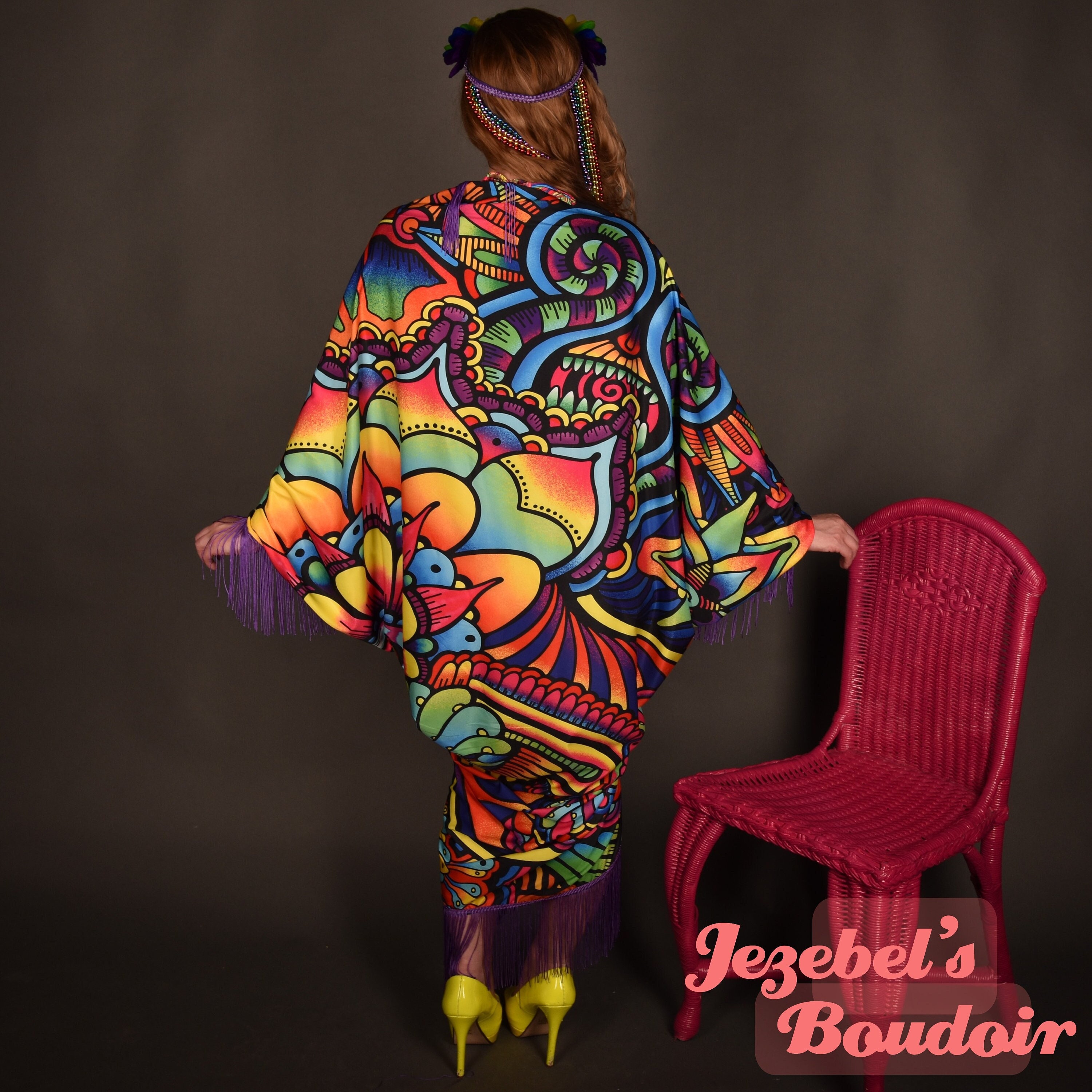 Festival Bat Wing Duster, Trippy Neon Dressing Gown, Rainbow Wrap, Mandala Flower Purple Fringe Dance Festie Burning Man Kimono Goddess 70s