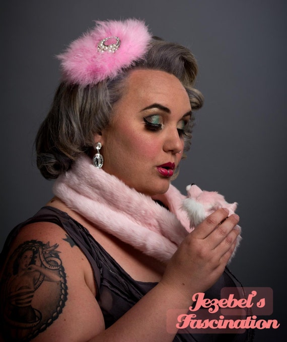 Glamorous Pink Powderpuff Pearl Fascinator 1940s Conceptual Vintage Furry Headpiece Girly Retro Pillbox Dance 50s Hatinator Silver Butlesque