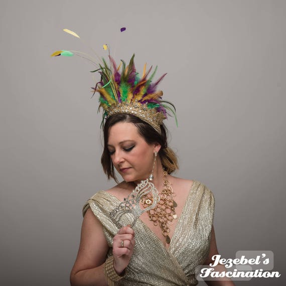 Mardi Gras Feather Headdress, Green Purple Gold Queen Crown  display picture 1