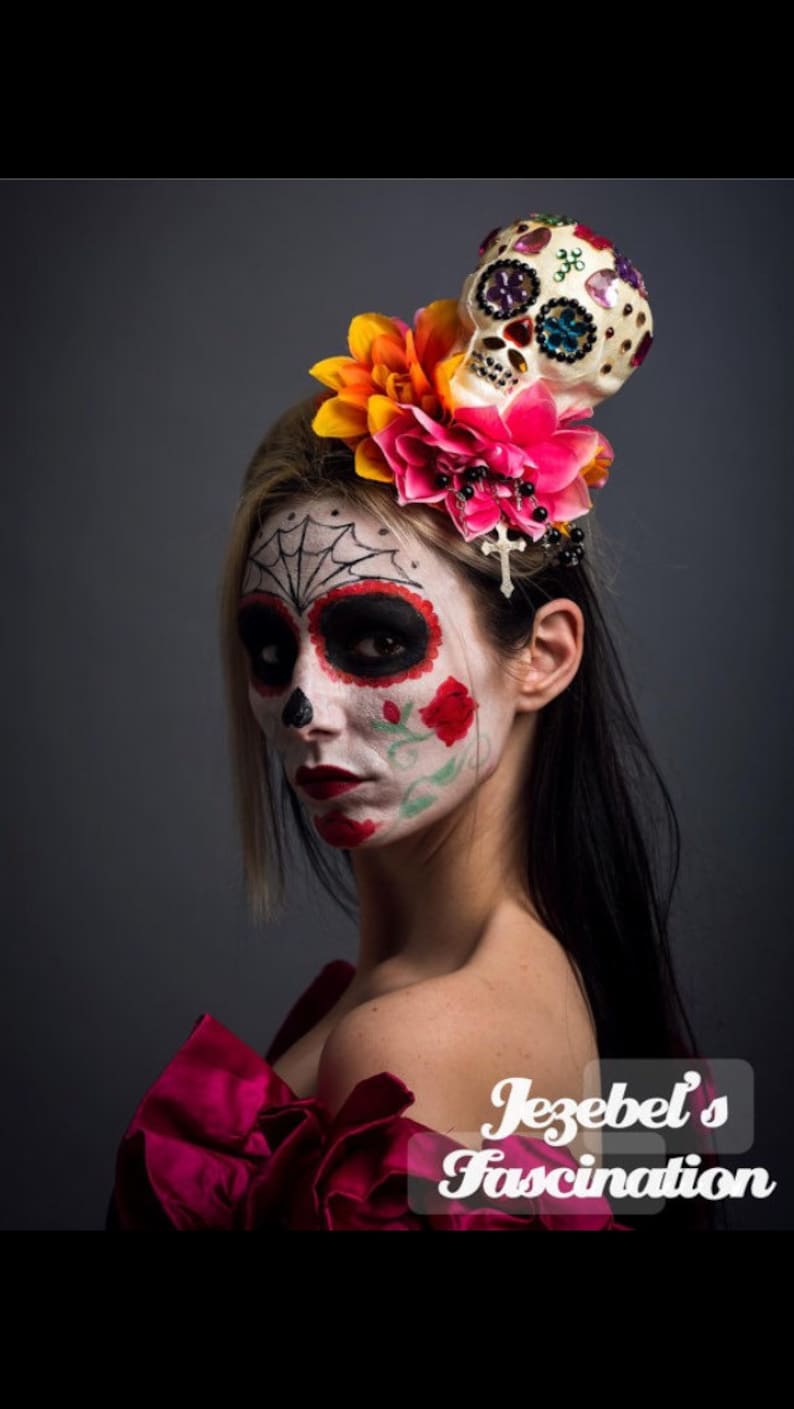 Serre-tête Jour Des Morts Meleager - Coiffe Fleur Dia De Los Muertos Avec Crâne Et Tatouages Visage - Pour Halloween, Carnaval Et Fêtes Mexicaines