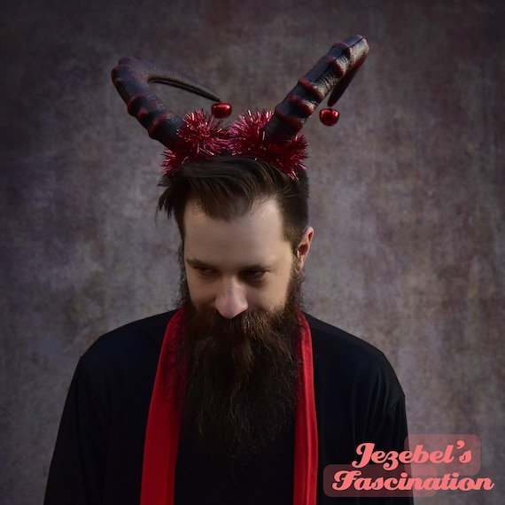 Krampus Horns, Lord Yule Bells Tinsel Christmas Devil Costume, Funny German Demon Santa Pagan Winter Goat Ram Demon Ugly Tacky Sweater Party