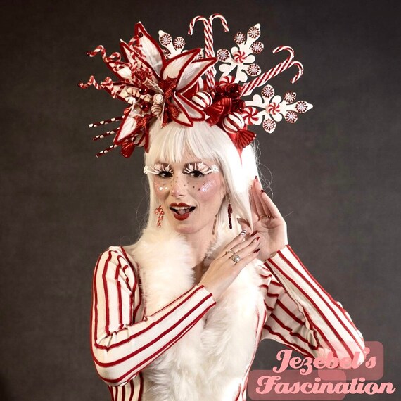 Large Candy Cane Peppermint Stripe Headpiece, Ugly Christmas 