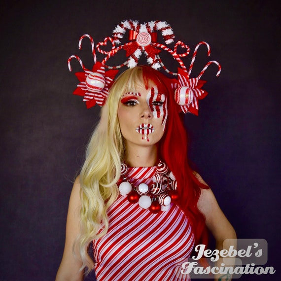 Christmas Headband, Ugly Sweater Party Headpiece, Custom Gift, Peppermint Candy Large Candy Cane Peppermint Stripe Headpiece, Ugly Christmas  main image 3