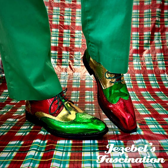 christmas party dress shoes Metallic Shoes, Golden Foiled Costume Brogues, Red Green Funny Classy Santa Parade Elf Kitschmas Decorated Hand Made Tacky Color:Pink (Pre-sale)