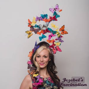 Large Butterfly Headpiece, Multicolored Nature Butterflies Ethereal Hatinator, Ascot Derby Headwear, Large Summer Garden Tea Party Headband