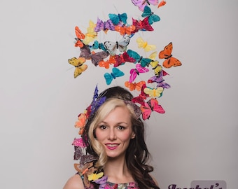 Large Butterfly Headpiece, Multicolored Nature Butterflies Ethereal Hatinator, Ascot Derby Headwear, Large Summer Garden Tea Party Headband