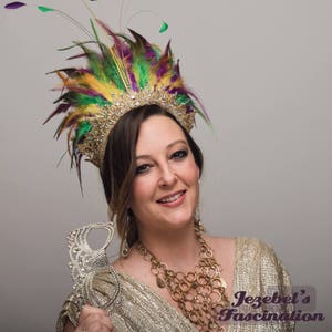 Mardi Gras Feather Headdress, Green Purple Gold Queen Crown, Carnival Showgirl Headband, Festival Headpiece New Orleans Yellow Hand Made image 2