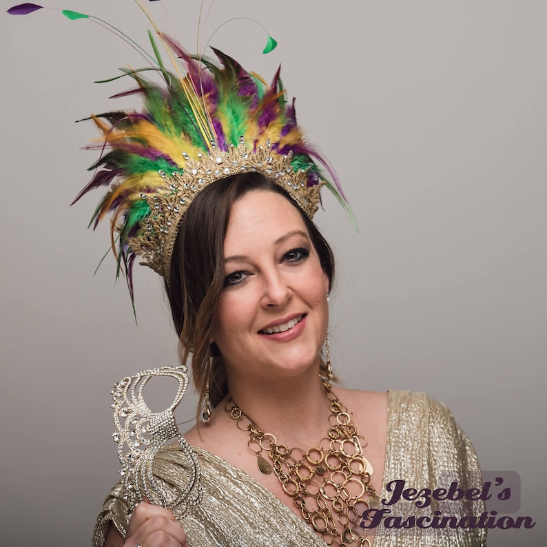 Mardi Gras Feather Headdress, Green Purple Gold Queen Crown, Carnival Showgirl Headband, Festival Headpiece New Orleans Yellow Hand Made image 2