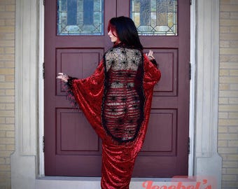 Velvet Sheer Spider Web Gothic Kimono, Vampire Dark Deco Costume, Bat Wing Gown, Cocoon Dressing Robe, Erte Poiret Burlesque Dance WGT Queen
