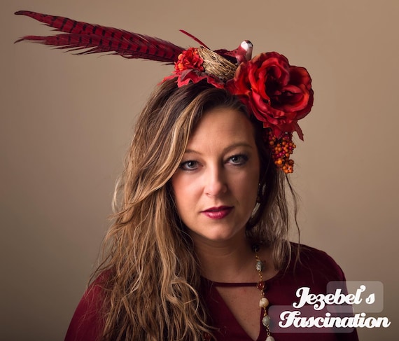 Demeter Harvest Boho Feather Flower Headdress Southwestern Bird Nest Red Rust Pheasant Floral Fascinator Autumn Fall Maple Rose Headpiece