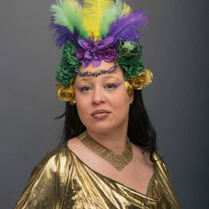 Mardi Gras Feather Headdress, Green Purple Gold Queen Crown, Carnival Showgirl Headband, Festival Headpiece New Orleans Yellow Hand Made image 5