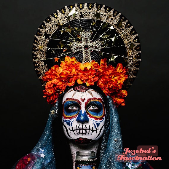 Day of the Dead Dia de los Muertos Virgin Mary Halo Saint Orange Flower Crown Cempazuchitl Blue Veil Gold Stars Light Up Headpiece Headdress