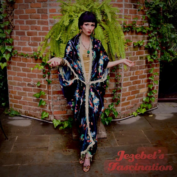 Nouveau Gown Sultry Cocoon Dressing Robe Satin Lotus Bamboo Koi Fish Kimono Tiki Caftan Mint Beaded Fringe Geisha Burlesque Wrap Queen Etsy