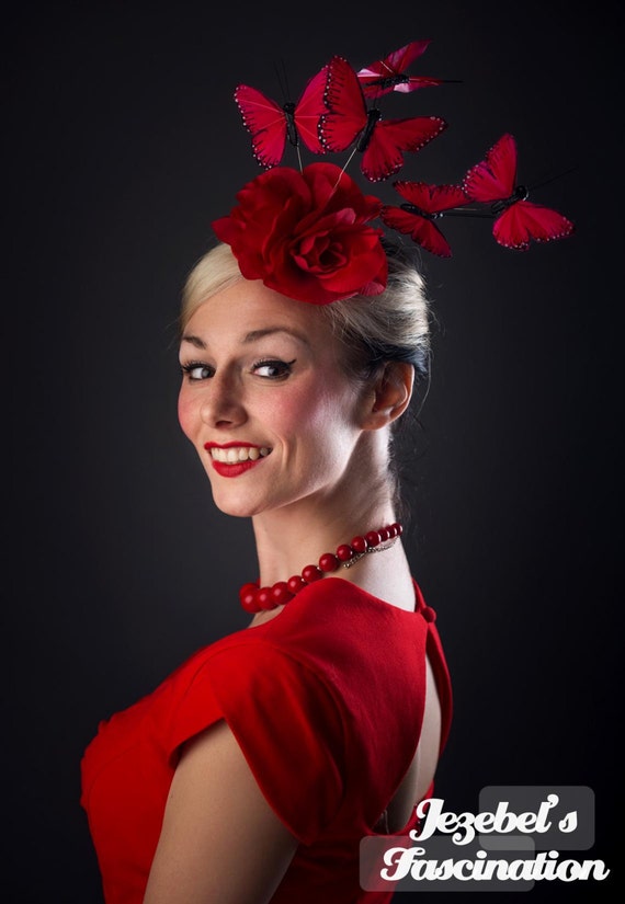 Red Rose Fascinator Butterfly Headdress Summer Spring Dapper | Etsy