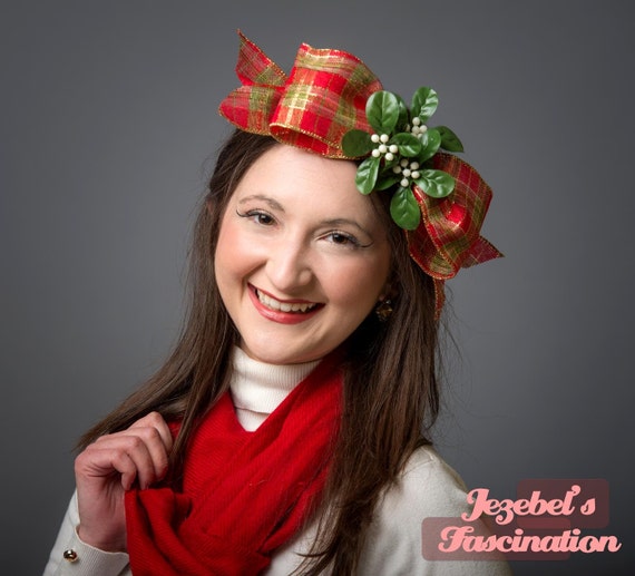 Mistletoe Red Gold Plaid Fascinator Novelty Berry Green Ribbon Hand Made Ugly Tacky Christmas Sweater Rustic Bow Headpiece Holiday Headwear