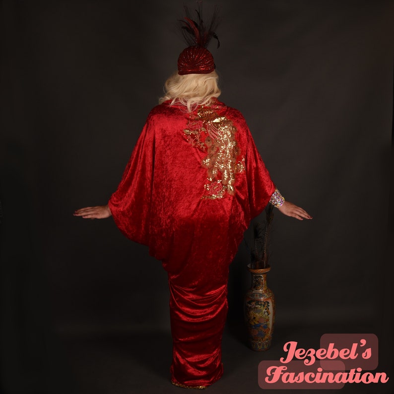 Art Nouveau Bat Wing Wrap Cover Dressing Gown Red Velvet Cocooon Burlesque Costume Drag Queen Gold Peacock Dance Deco Costume Plus Size