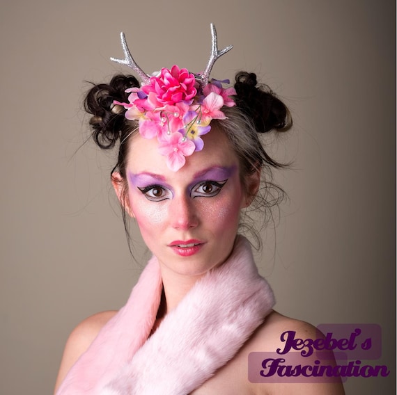 Glitter Deer Antler Fascinator Pink Floral Doe Silver Antlers Kawaii Headdress Spring Purple Faun Headpiece Flidais Wild Costume Hatinator
