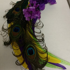 Mardi Gras Feather Headdress, Green Purple Gold Queen Crown, Carnival Showgirl Headband, Festival Headpiece New Orleans Yellow Hand Made image 7