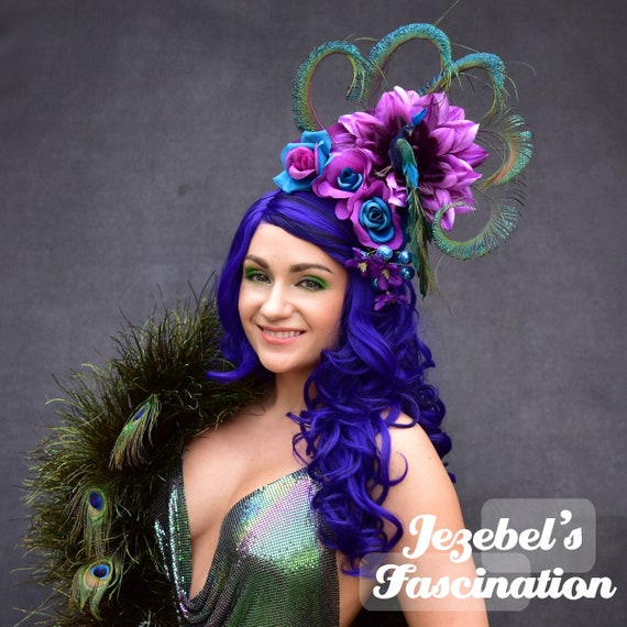 Peacock Feather Fascinator, Teal Rose Floral Headpiece  display picture 1
