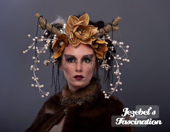 Deer Antler Goddess Forest Headdress Gold Cernunnos Headpiece Wild Boho Magnolia Flower Crown Doe Headwear Flidais Pearl Berry Black Costume
