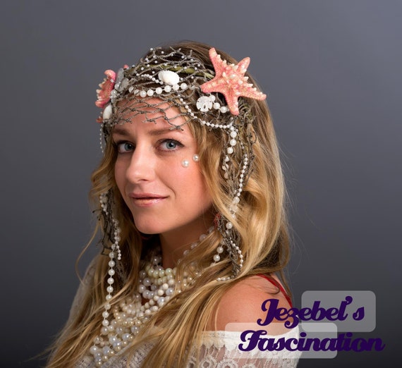 Ocean Mermaid Siren Crown Sea Calypso Headdress Pink Starfish Glittery Fish Net Pearls Headpiece Rave Seashell Boho Costume Headwear