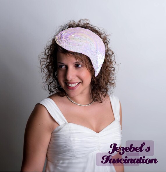 Vintage White Sequin Wedding Headpiece Mother of Pearl Burlesque Headdress Iridescent Flapper Fascinator 1920s Gatsby Cocktail Hat