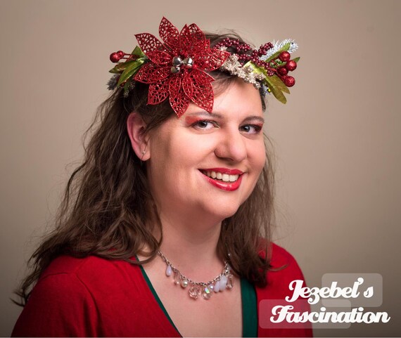 Christmas Poinsettia Circlet Berry Holiday Season Crown Hand Made Red Silver Green Berries Yule Headpiece Bells Headdress Wreath Hair Flair