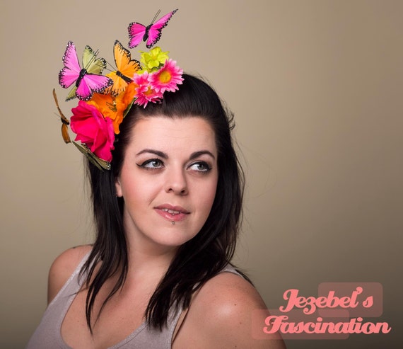 Green Pink Orange Easter Floral Fascinator Bright Spring Butterfly Hair Flower Dapper Day Wild Headdress Neon Rose Fairy Hatinator Headpiece