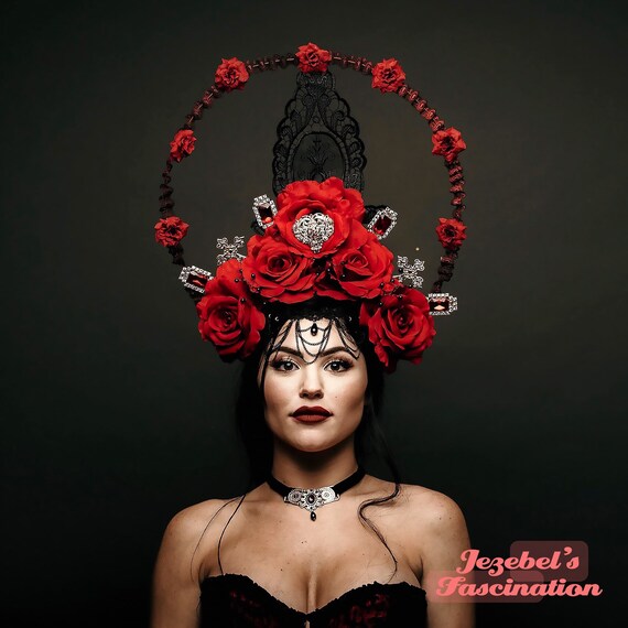 Red Queen Virgin Mary Crown Saint Halo Rose Heart Cross Dark Black Madonna Headdress Gold Costume Headpiece Carnevale Festival Lace Catholic