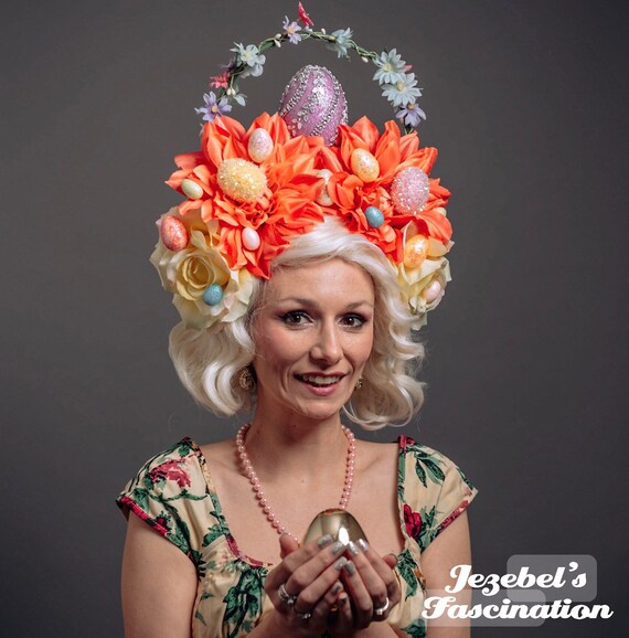 Easter Eggs Basket Large Headpiece Spring Floral Rose Dahlia Peach Headdress Pastel Flower Crown Headband Party Parade Accessories Yellow