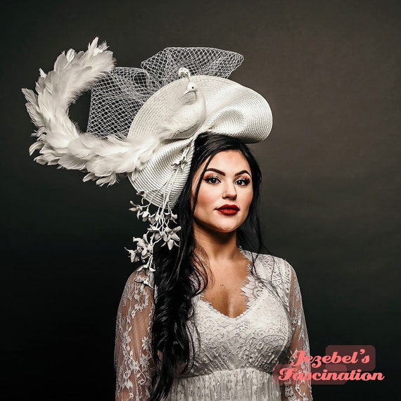 White Peacock Feather Fascinator Garden Party Ethereal Headpiece Wedding Ethereal Ghost Bridal Tea Party Veil Alabaster Flower Branch