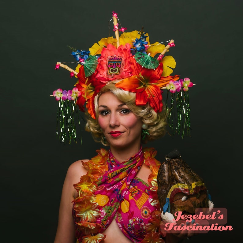 Tiki Bamboo Floral Light Up Headdress Flamingo Kanzashi Headpiece Oasis Flower Crown Polynesian Caribbean Asian Hukilau Tropical Colorful